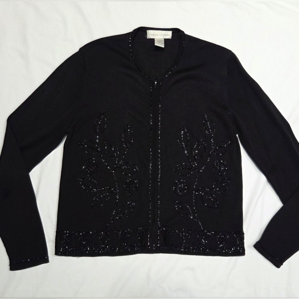 Vintage Casual Corner Rayon Blend Black Beaded Zip Front Cardigan M